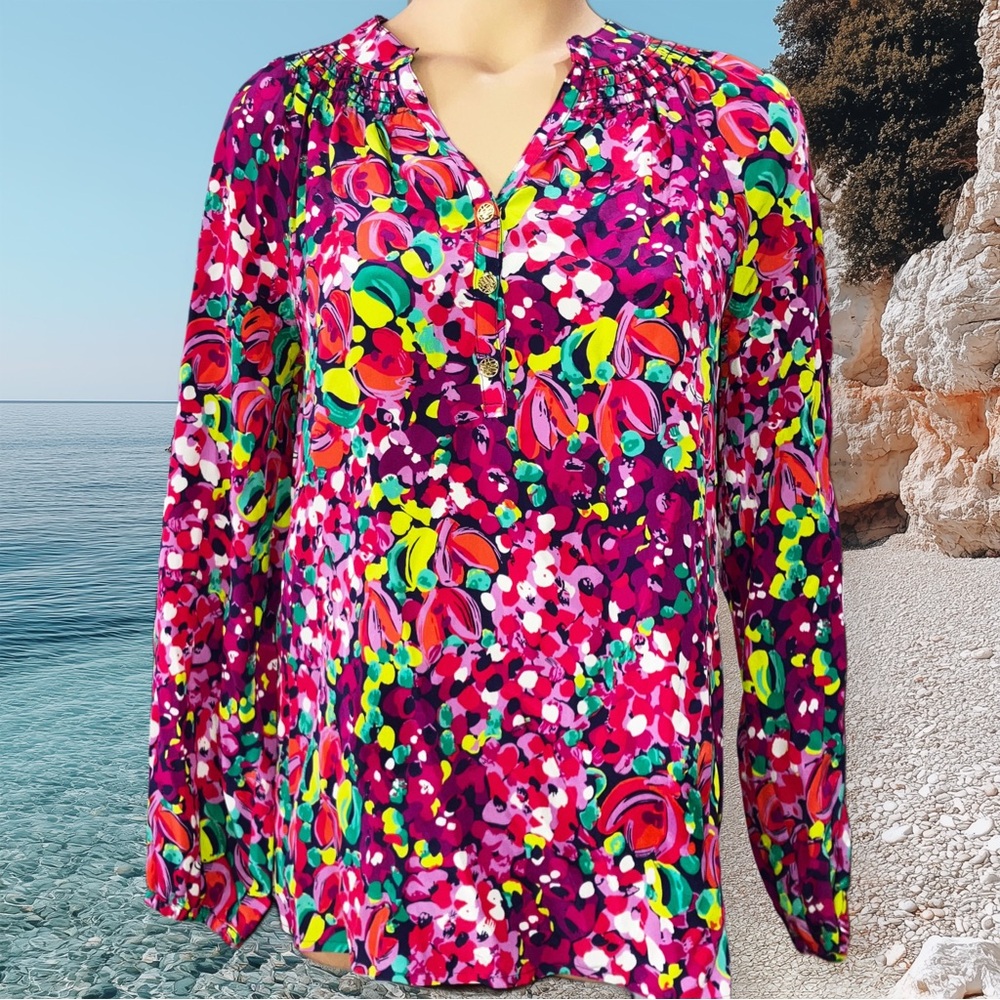 Lilly Pulitzer Silk Elsa Popover Top Pink Floral Puff Sleeves Gold Buttons Sz XS